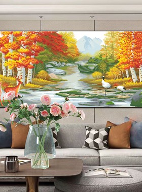 新款欧式风景满绣十字绣红枫林线绣发财鹿卧室客厅简约手工绣