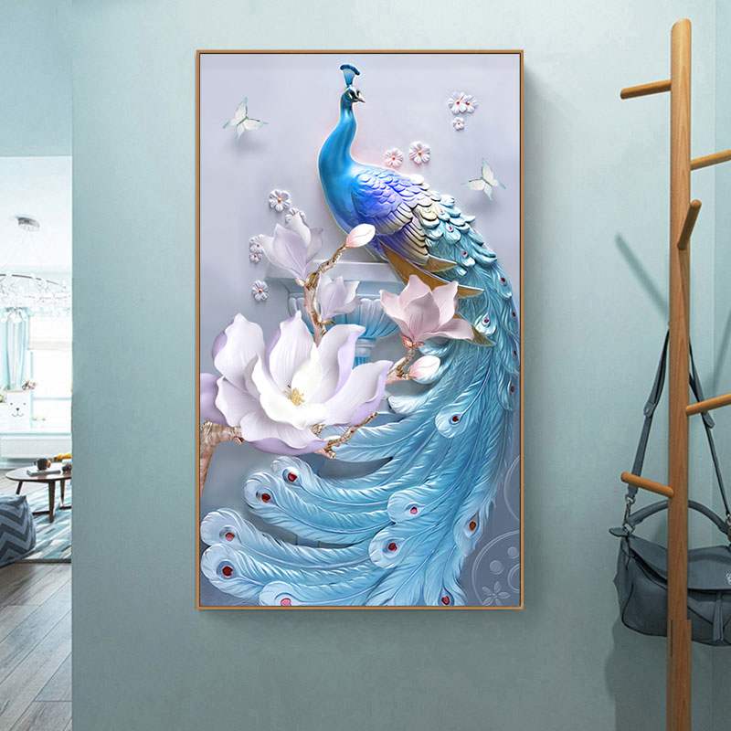 3d印花十字绣线绣新款客厅玄关竖版孔雀小幅简单现代简约卧室刺绣