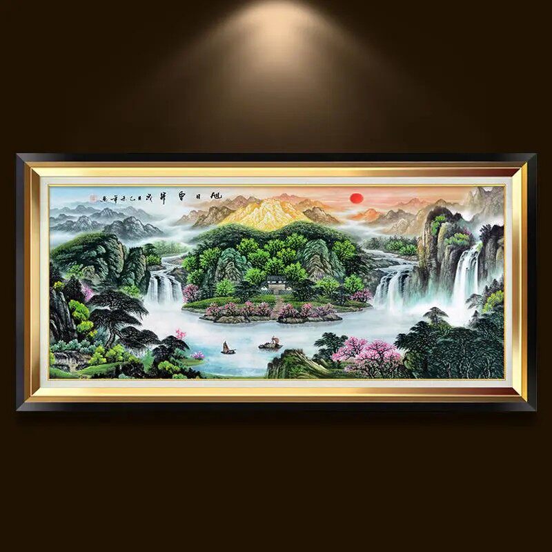 聚宝盆新款十字绣旭日东升客厅山水画风景满绣现代中式竖版手工绣
