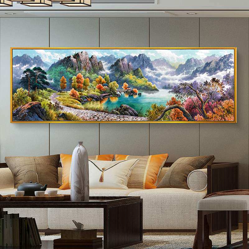 3d新款精准印花十字绣聚宝盆客厅山水画简约现代风景大画挂画线绣