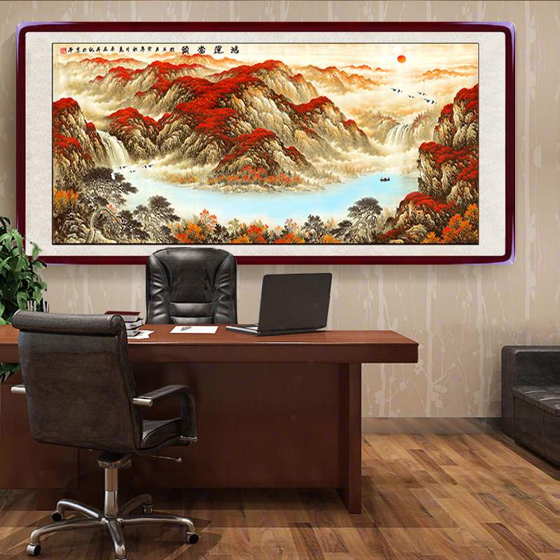 鸿运当头山水画风水靠山办公室3D印花十字绣旭日东升客厅挂画线绣