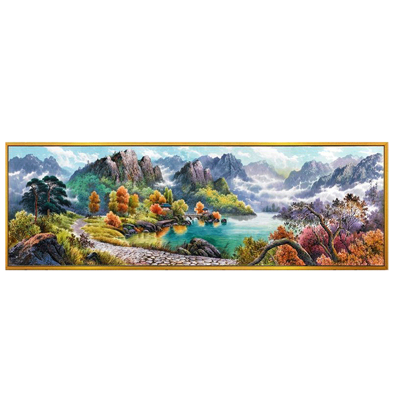 3d新款精准印花十字绣聚宝盆客厅山水画简约现代风景大画挂画线绣