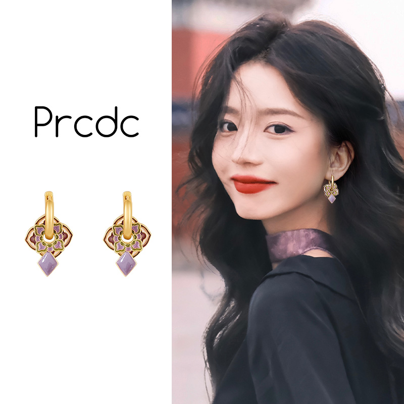 新中式紫色菱形吊坠耳环