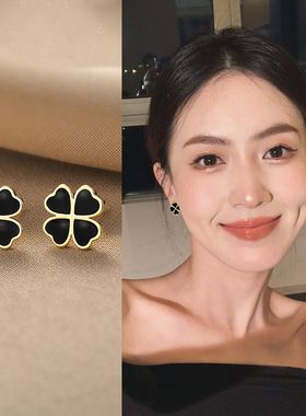 黑色四叶草蚊香盘耳夹无耳洞2025新款爆款轻奢小众高级感气质耳饰