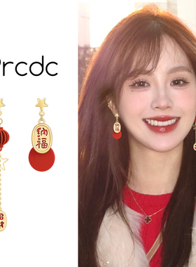 新年喜庆红色灯笼耳钉女新款本命年耳饰不对称流苏耳环轻奢高级感