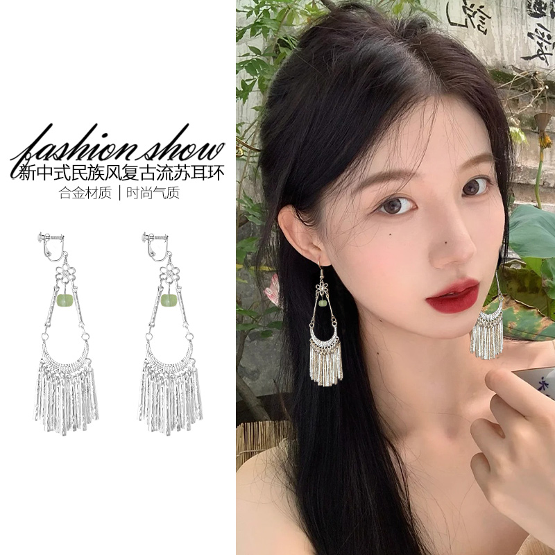 民族风长款流苏螺旋耳夹女无耳洞复古新中式简约夸张个性异域耳饰