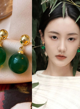独特气质翡翠色耳环女复古新中式绿色水滴耳钉轻奢高级感耳坠耳饰