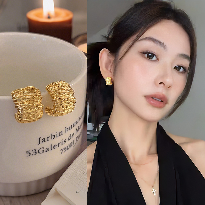 褶皱金色耳钉女2025新款