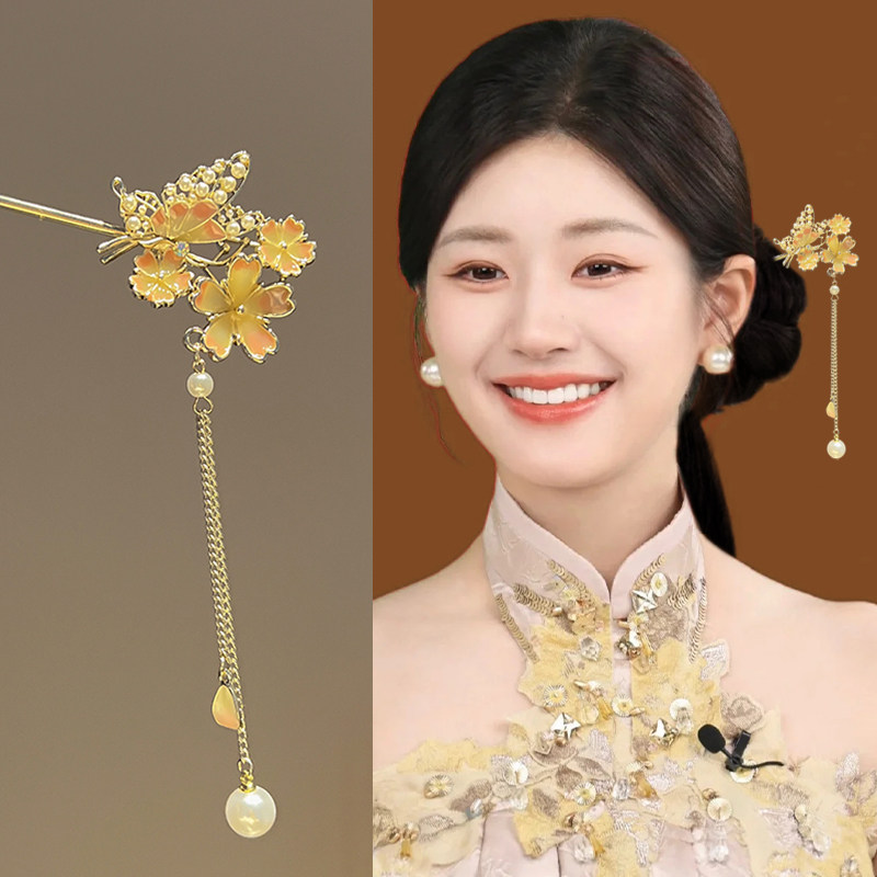 蝴蝶花朵发簪珍珠款流苏簪子女图片