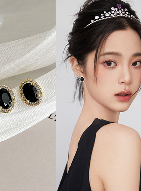 轻奢黑色纯银耳钉女2025年新款爆款小众耳环精致法式独特气质耳饰