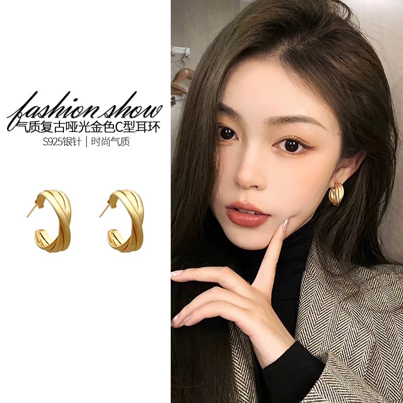 复古哑光金色耳环女新款