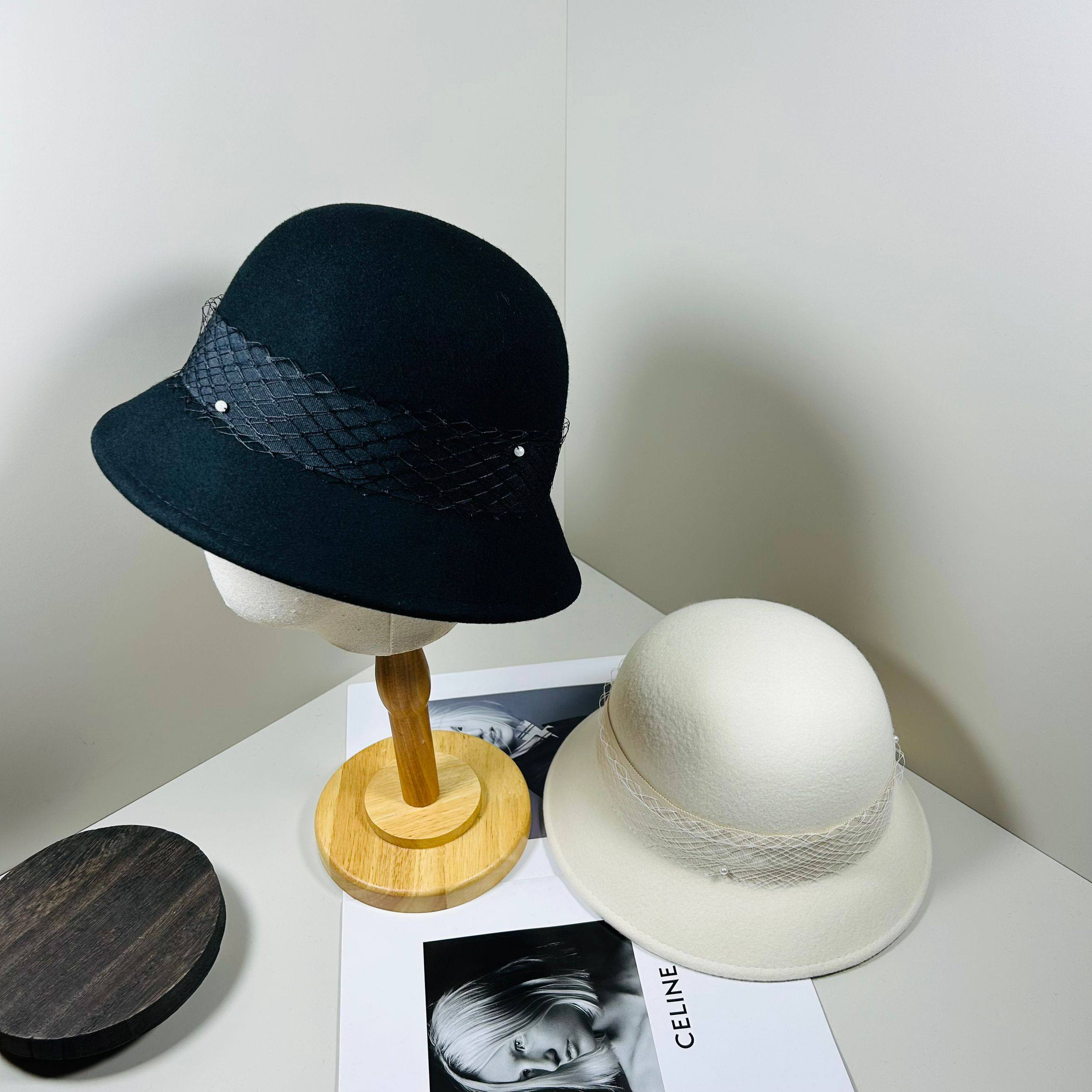 韩版赫本风网纱装饰渔夫帽女秋冬百搭时尚保暖盆帽纯羊毛礼帽显脸