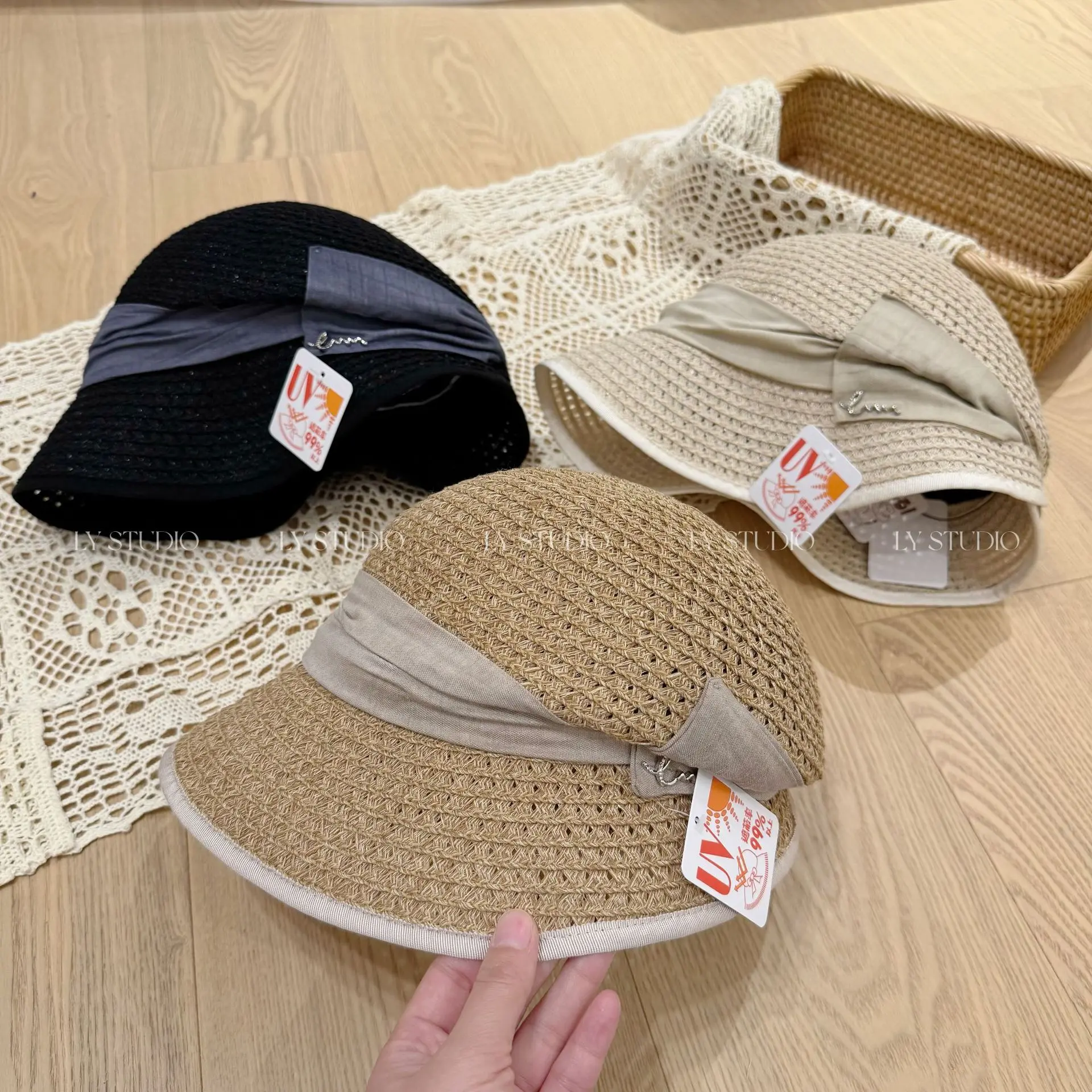 日系镂空休闲渔夫帽子女夏季出游防晒草帽后压褶蝴蝶结盆帽显脸小