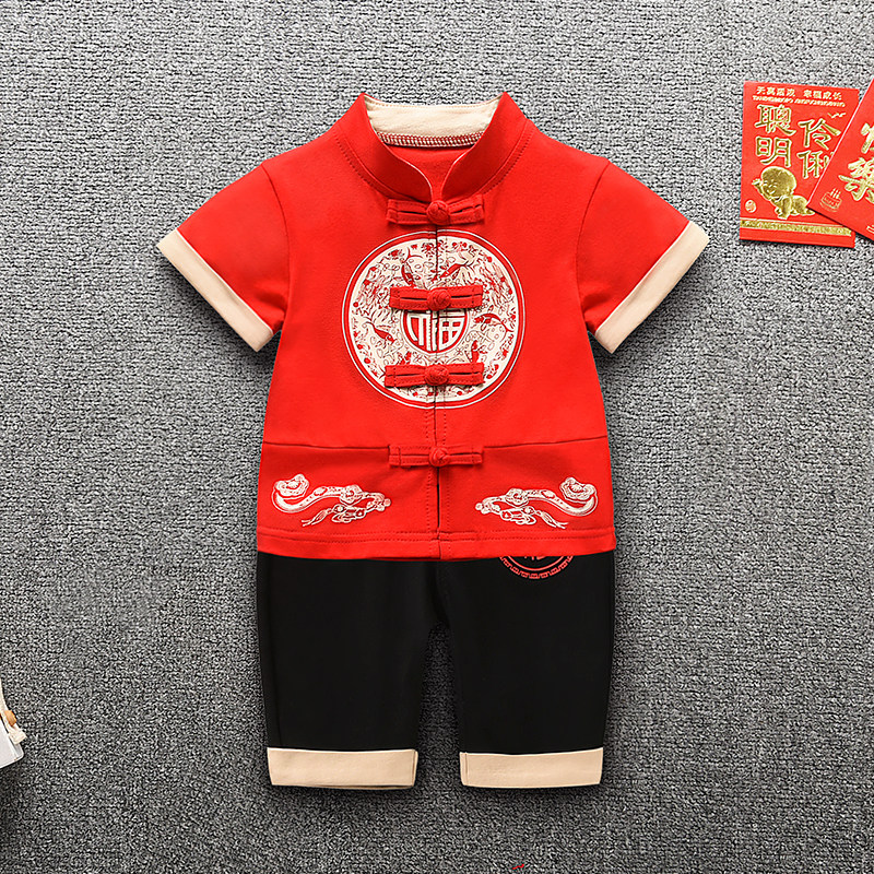 男宝宝一周岁礼服男童夏季唐装抓周衣服薄款套装儿童百岁汉服轻薄