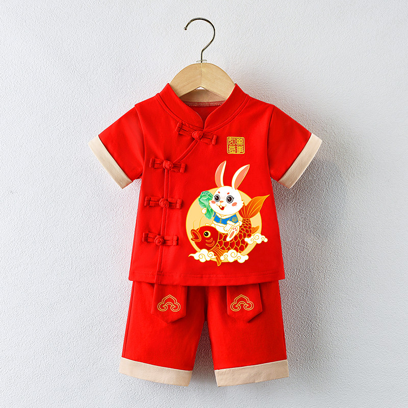 宝宝红色夏款套装唐装礼服男图片