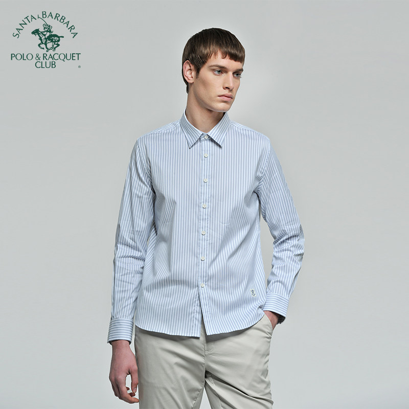 圣大保罗春夏长袖衬衫男士商务休闲棉混纺条纹舒适修身衬衣男款