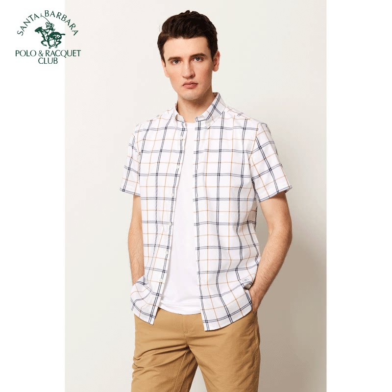 圣大保罗夏季纯棉舒适短袖衬衫男士商务合身格子衬衣男款