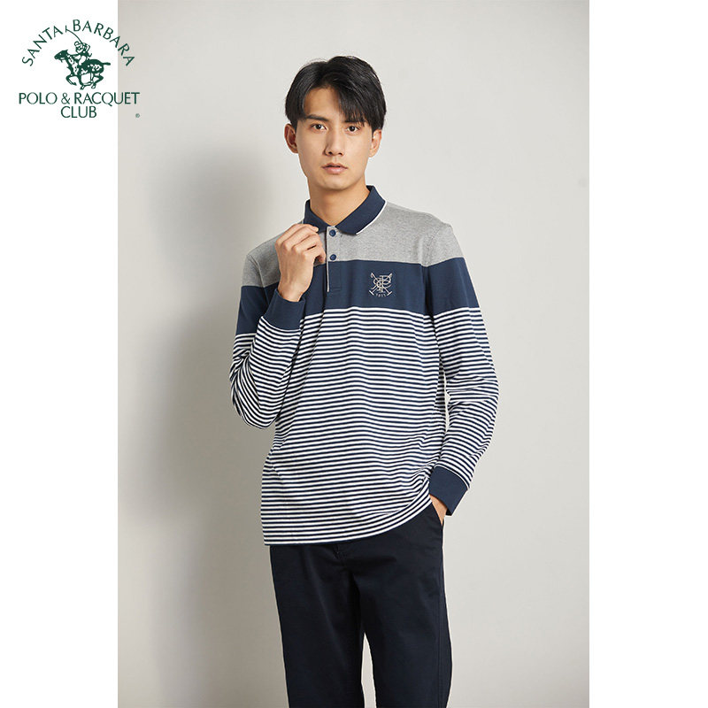 圣大保罗全棉翻领长袖厚款t恤男士商务时尚条纹纯棉polo衫上衣