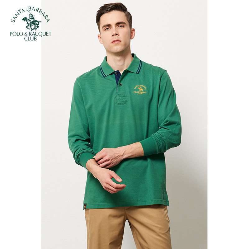 圣大保罗男装款男士长袖T恤 纯棉翻领松紧袖合身版春夏薄款