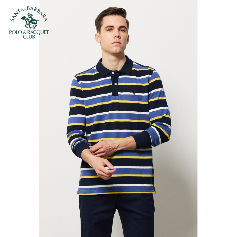 圣大保罗春秋季男装纯棉条纹宽松休闲大码男士长袖翻领t恤polo衫