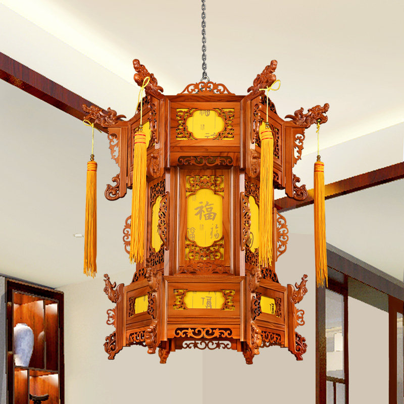 中式实木宫灯六角大红新年羊皮古典结婚阳台吊灯户外仿古灯笼挂饰