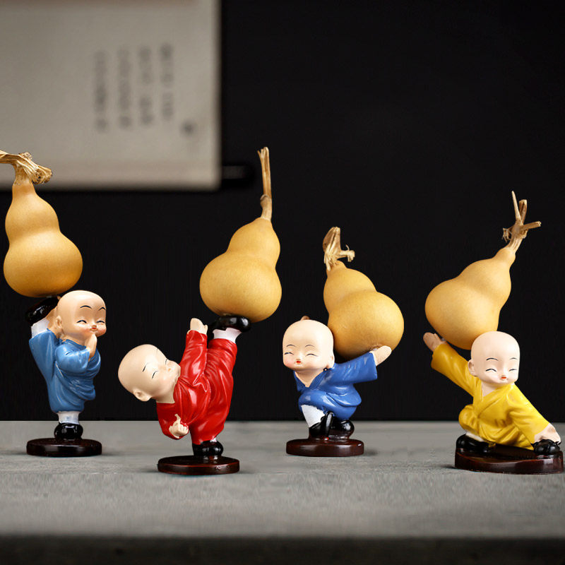 武术公仔功夫少林天然葫芦福禄四小和尚禅意家居汽车摆件树脂送礼
