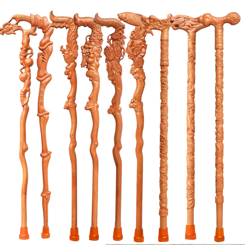 桃木拐杖龙头拐棍实木实心雕刻老年人手杖祝寿礼品送礼盒防滑垫