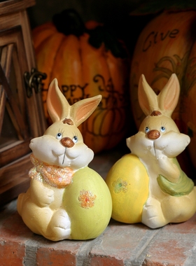 田园色彩手绘陶土兔子装饰摆件