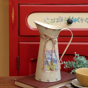 美式乡村风格复古精美铁皮花器麻绳仿真花铁皮桶花壶家居装饰