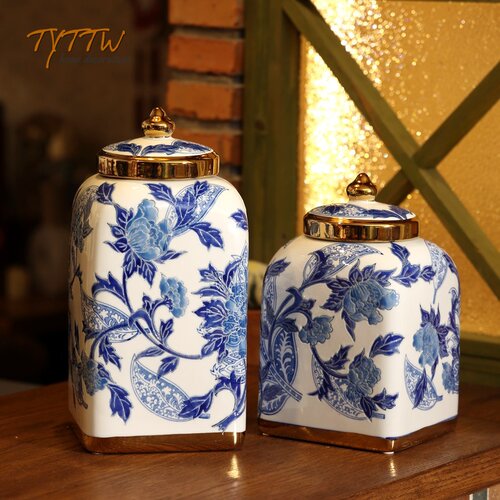 高档青花瓷系列描金色艺术罐摆件