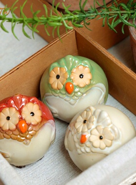 陶瓷三色猫头鹰小摆件