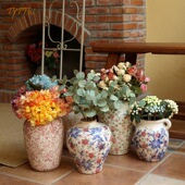 法式 复古陶瓷花瓶陶釉玫瑰百合冰裂纹古典双耳红花做旧样板间花器