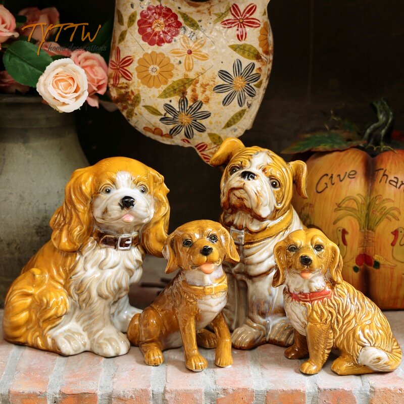 可爱大黄沙皮狗狗釉面陶瓷艺术花园店面餐厅家居桌面落地装饰摆件