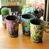 饰铁皮花桶 田园 装 彩色立体花朵图案双耳铁皮桶 不能水培 色彩