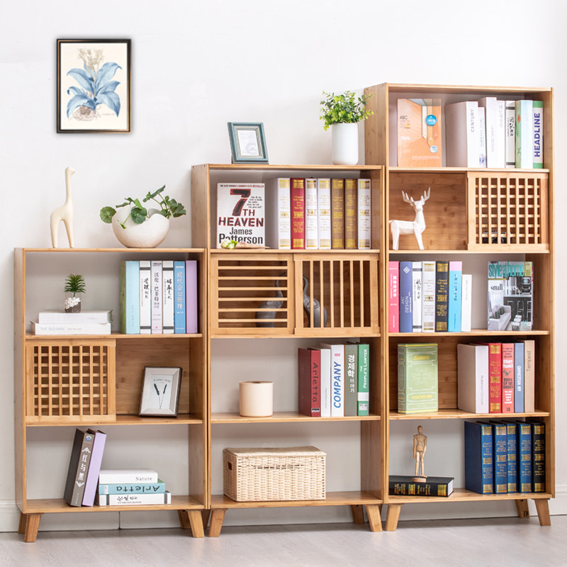 楠竹现代简约书架置物柜落地简易实木书柜客厅置物架组合小杂物架