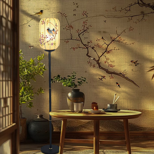 宋代美学中式落地灯亚麻手绘画