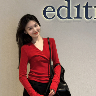 长袖 复古V领磨毛短款 T恤C1239 冬上新法式 HUMSMR