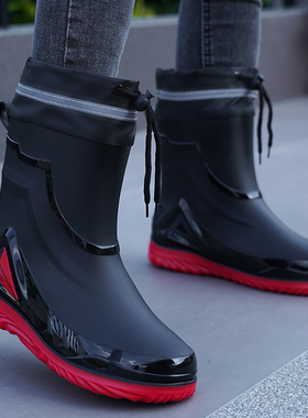 雨鞋男款防雨拉绳束口防水鞋防滑平底雨靴加绒套鞋工作轻便胶鞋男