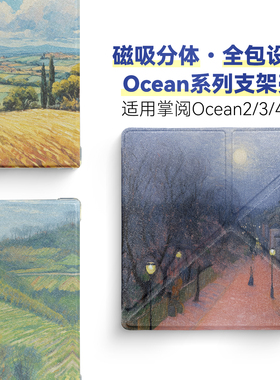 适用掌阅Ocean5保护套Ocean4  turbo磁吸分离Ocean4c全包透明清水壳折叠支架Ocean3 turbo 7英寸油画日系插画