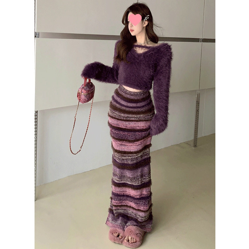 紫色毛衣深秋初冬套装条纹连衣裙休闲运动套装