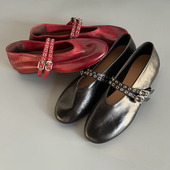 马皮水洗复古双扣带玛圆头浅口芭蕾舞鞋 小众法式 复古铆钉玛丽珍鞋