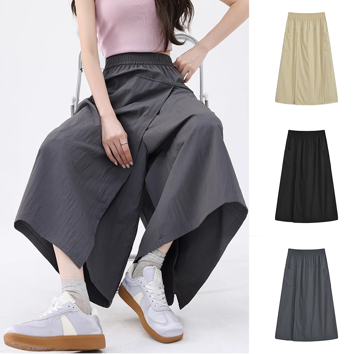 lulu冰丝山本裙裤女装夏季2026新款休闲小个子阔腿八分工装裤裙mm