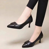 真皮单鞋 女尖头春秋女鞋 百搭细跟高跟鞋 2023新款 通勤工作黑色皮鞋