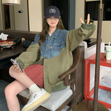 绿色设计感拼接牛仔短外套女2024春季新款韩系小个子宽松棒球服潮，女装短外套，维壹
