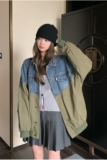 绿色设计感拼接牛仔短外套女2024春季新款韩系小个子宽松棒球服潮，女装短外套，维壹