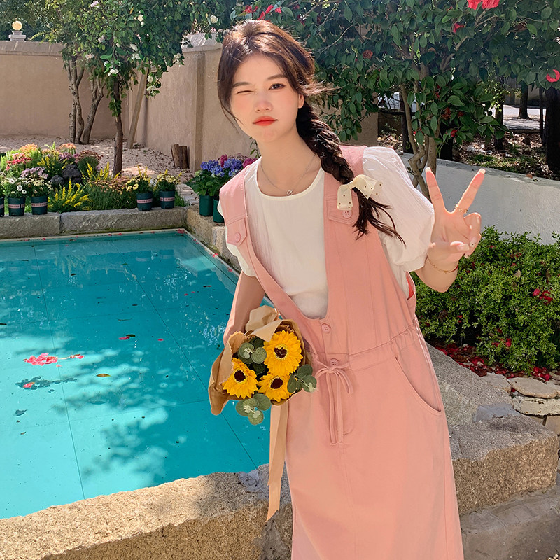 【】法式桔梗粉色背带连衣裙两件套5033P140K218,女装连衣裙,维壹