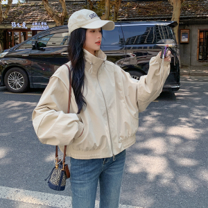 设计拼接棒球服女春秋米色立领夹克又酷又飒超好看6035P135K198图片