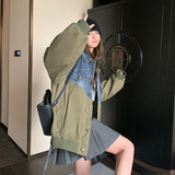 绿色设计感拼接牛仔短外套女2024春季新款韩系小个子宽松棒球服潮，女装短外套，维壹