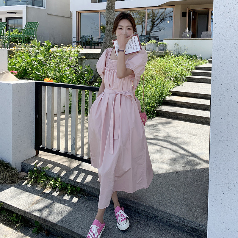 法式粉色方领泡泡袖连衣裙女夏2025新款洋气减龄宽松慵懒风长裙子,女装连衣裙,维壹