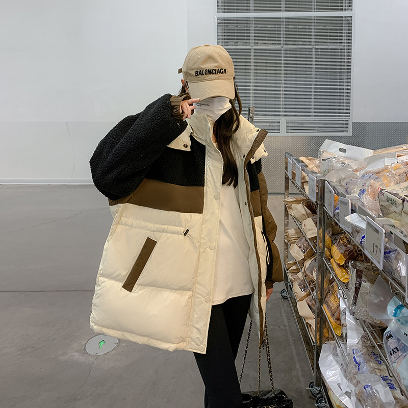 新款现货！宽松羊羔毛拼接90白鸭绒潮牌羽绒服2258P275控428,商品下架区,维壹